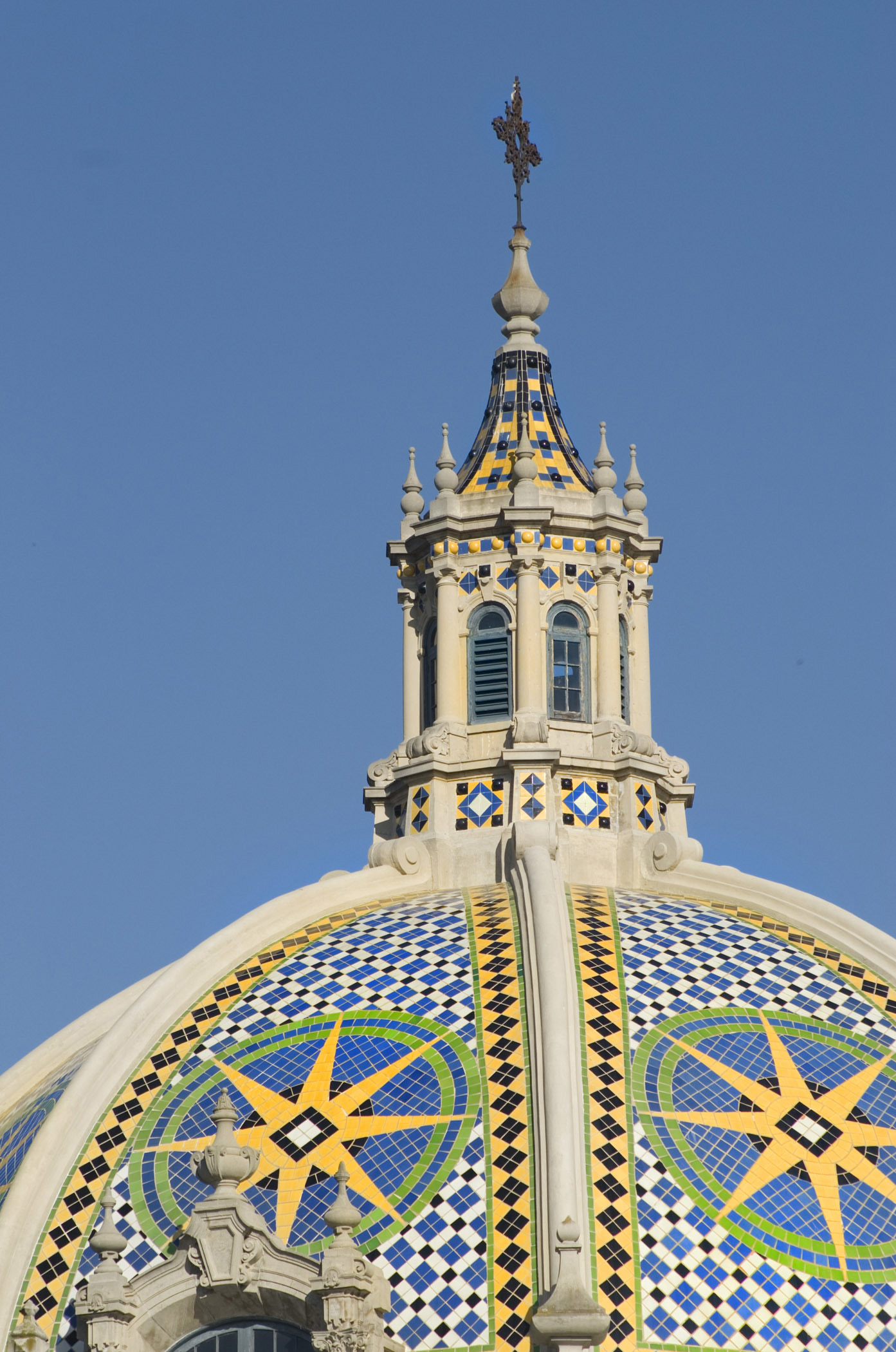 Close up Artistic California Dome with Mosaic Tiles at Balboa Park San Diego. Isolated on Blue Sky.